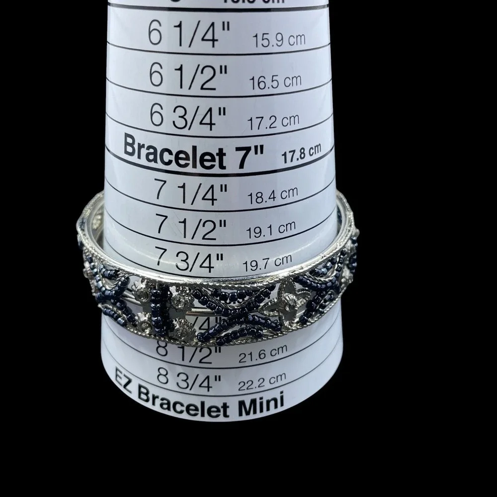 Vintage Silver Tone Cuff Bracelet Rhinestone‎ Beaded Bangle Statement Jewelry